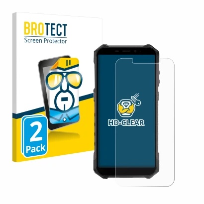 Face avant d’un emballage produit avec le logo de la marque BROTECT. À côté, l’appareil Ulefone Armor X9 Pro est représenté av