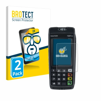 Face avant d’un emballage produit avec le logo de la marque BROTECT. À côté, l’appareil ingenico Desk/5000 est représenté avec