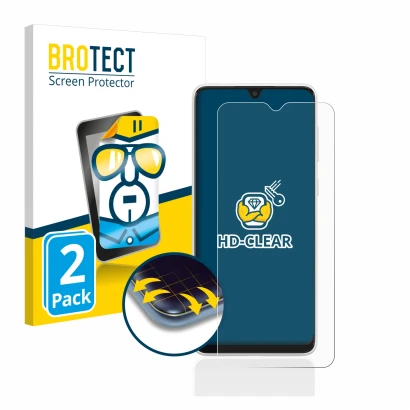 Face avant d’un emballage produit avec le logo de la marque BROTECT. À côté, l’appareil Samsung Galaxy A03 est représenté avec