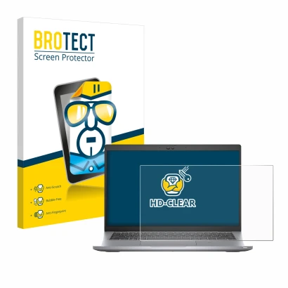 Face avant d’un emballage produit avec le logo de la marque BROTECT. À côté, l’appareil Dell Latitude 5420 est représenté avec