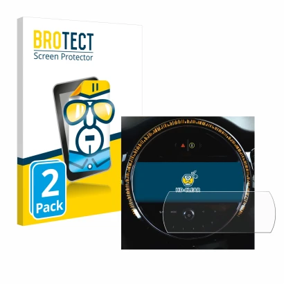 Face avant d’un emballage produit avec le logo de la marque BROTECT. À côté, l’appareil Mini Cooper 2021 Infotainment System 8