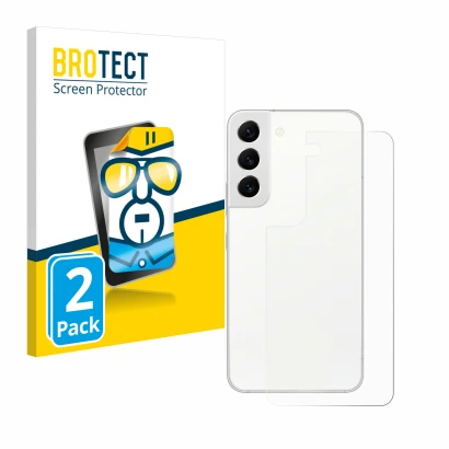 Face avant d’un emballage produit avec le logo de la marque BROTECT. À côté, l’appareil Samsung Galaxy S22 5G (Arrière) est re