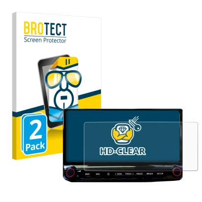 Face avant d’un emballage produit avec le logo de la marque BROTECT. À côté, l’appareil Kia Ceed 2022 Infotainment System 10.2