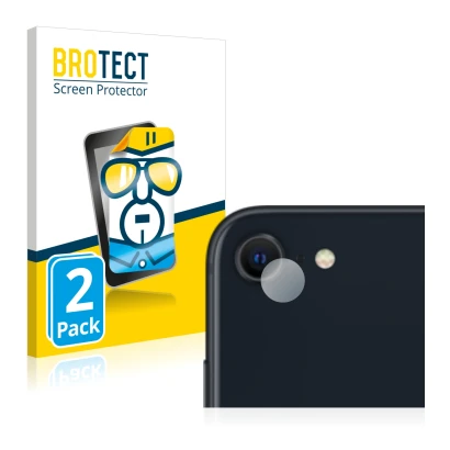 Face avant d’un emballage produit avec le logo de la marque BROTECT. À côté, l’appareil Apple iPhone SE 3 2022 (Caméra UNIQUEM