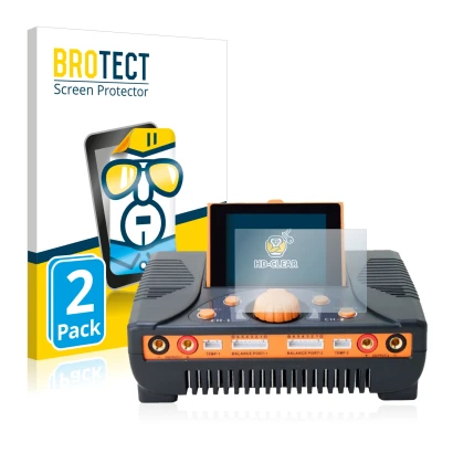 Face avant d’un emballage produit avec le logo de la marque BROTECT. À côté, l’appareil Junsi iCharger 406 Duo est représenté 