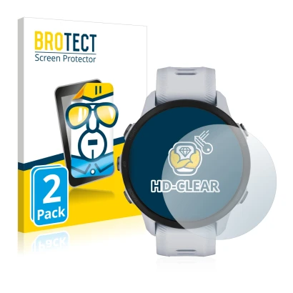 Face avant d’un emballage produit avec le logo de la marque BROTECT. À côté, l’appareil Garmin Forerunner 955 est représenté a