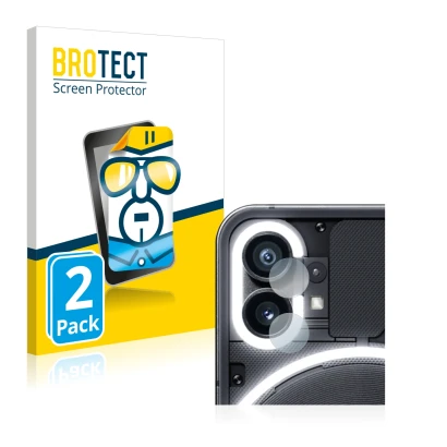 Face avant d’un emballage produit avec le logo de la marque BROTECT. À côté, l’appareil Nothing Phone (1) (Caméra UNIQUEMENT)