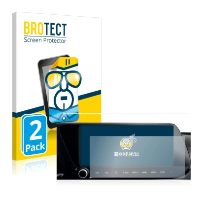 Face avant d’un emballage produit avec le logo de la marque BROTECT. À côté, l’appareil Hyundai i20 2022 Infotainment System 1