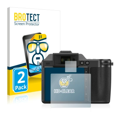 Face avant d’un emballage produit avec le logo de la marque BROTECT. À côté, l’appareil Hasselblad X2D 100C est représenté ave