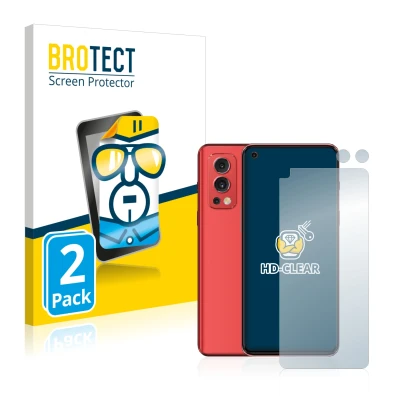 Face avant d’un emballage produit avec le logo de la marque BROTECT. À côté, l’appareil OnePlus Nord 2 5G (Avant+Caméra) est r