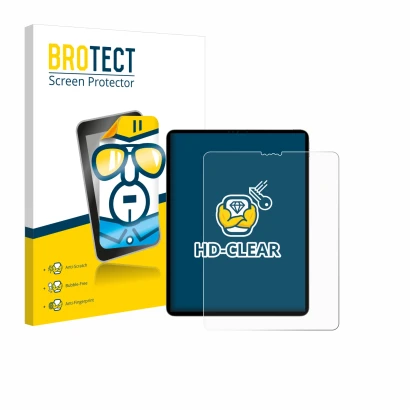 Face avant d’un emballage produit avec le logo de la marque BROTECT. À côté, l’appareil Apple iPad Pro 12.9" 2022 (6. Gen.) es