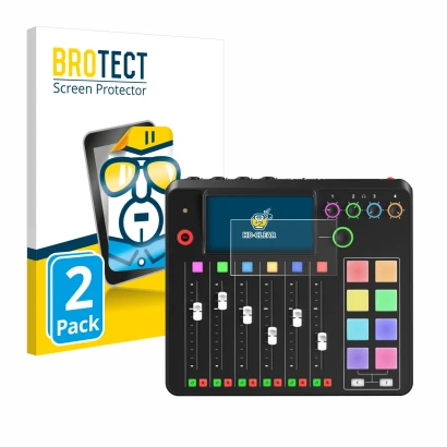 Face avant d’un emballage produit avec le logo de la marque BROTECT. À côté, l’appareil Rode Rodecaster Pro II est représenté