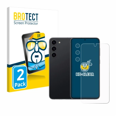 Face avant d’un emballage produit avec le logo de la marque BROTECT. À côté, l’appareil Samsung Galaxy S23 (Avant+Caméra) est 