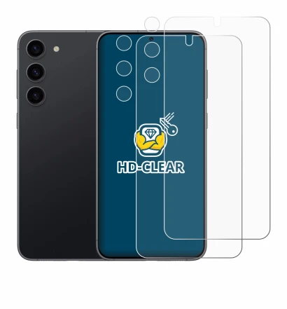 Image de l'appareil Samsung Galaxy S23 (Avant+Caméra) avec une grande variété de protections d'écran.