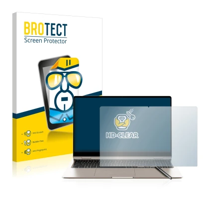 Face avant d’un emballage produit avec le logo de la marque BROTECT. À côté, l’appareil Samsung Galaxy Book3 360 15.6" est rep