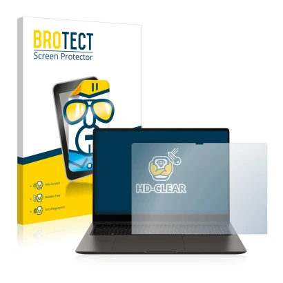 Face avant d’un emballage produit avec le logo de la marque BROTECT. À côté, l’appareil Samsung Galaxy Book3 Ultra 16" est rep