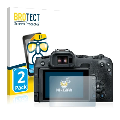 Face avant d’un emballage produit avec le logo de la marque BROTECT. À côté, l’appareil Canon EOS R8 est représenté avec la pr