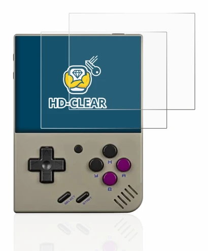 Image de l'appareil Miyoo Mini Plus avec une grande variété de protections d'écran.