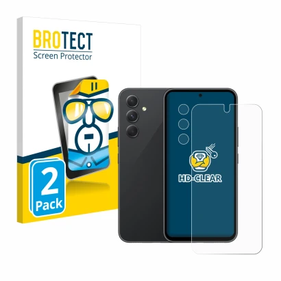 Face avant d’un emballage produit avec le logo de la marque BROTECT. À côté, l’appareil Samsung Galaxy A54 5G (Avant+Caméra) e