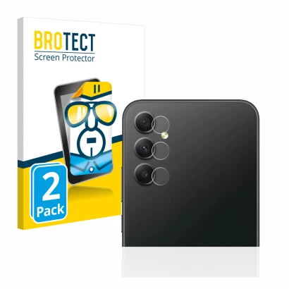 Face avant d’un emballage produit avec le logo de la marque BROTECT. À côté, l’appareil Samsung Galaxy A34 5G (Caméra UNIQUEME