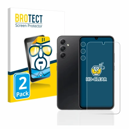 Face avant d’un emballage produit avec le logo de la marque BROTECT. À côté, l’appareil Samsung Galaxy A34 5G (Avant+Caméra) e