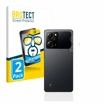 Face avant d’un emballage produit avec le logo de la marque BROTECT. À côté, l’appareil Xiaomi Poco X5 Pro (Caméra UNIQUEMENT)