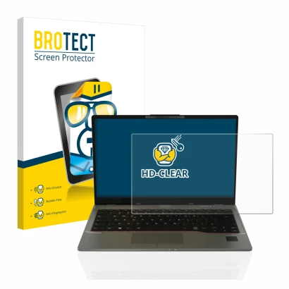 Face avant d’un emballage produit avec le logo de la marque BROTECT. À côté, l’appareil Fujitsu Lifebook U7412 est représenté 