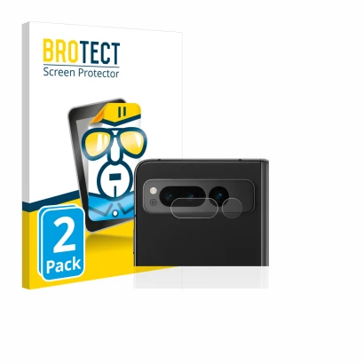 Face avant d’un emballage produit avec le logo de la marque BROTECT. À côté, l’appareil Google Pixel Fold (Caméra UNIQUEMENT) 