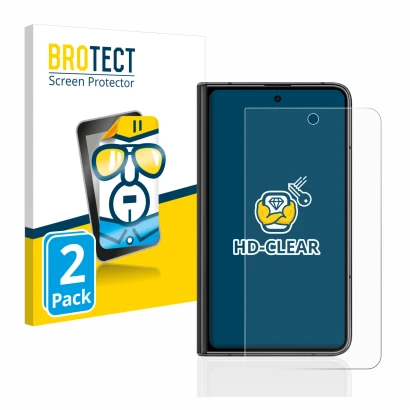 Face avant d’un emballage produit avec le logo de la marque BROTECT. À côté, l’appareil Google Pixel Fold (Affichage externe)