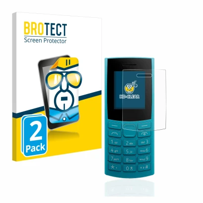 Face avant d’un emballage produit avec le logo de la marque BROTECT. À côté, l’appareil Nokia 105 4G (2023) est représenté ave