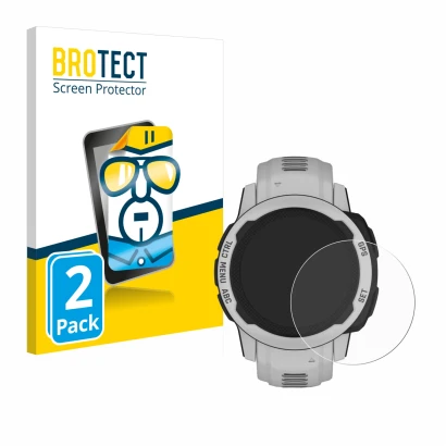 Face avant d’un emballage produit avec le logo de la marque BROTECT. À côté, l’appareil Garmin Instinct 2S Solar (40 mm) est r