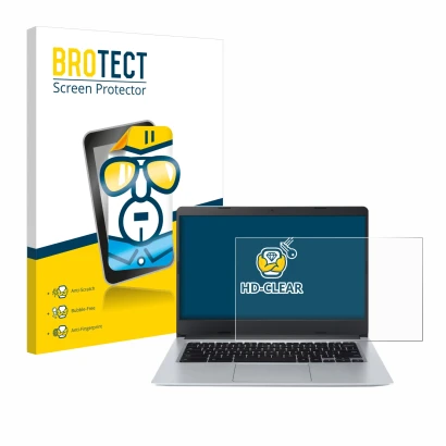 Face avant d’un emballage produit avec le logo de la marque BROTECT. À côté, l’appareil Acer Chromebook Spin 314 CB314-2HT est