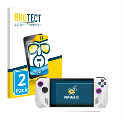 Face avant d’un emballage produit avec le logo de la marque BROTECT. À côté, l’appareil ASUS ROG Ally (2023) RC71L est représe