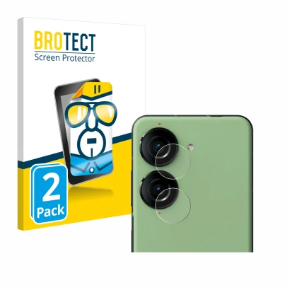 Face avant d’un emballage produit avec le logo de la marque BROTECT. À côté, l’appareil ASUS ZenFone 10 (Caméra UNIQUEMENT) es