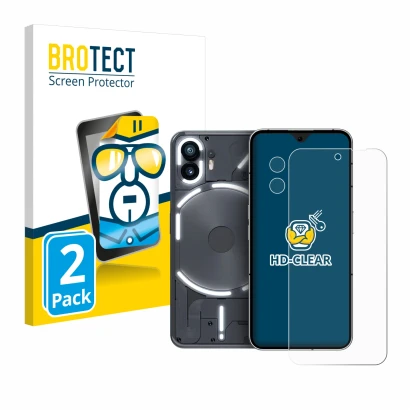 Face avant d’un emballage produit avec le logo de la marque BROTECT. À côté, l’appareil Nothing Phone (2) (Avant+Caméra) est r