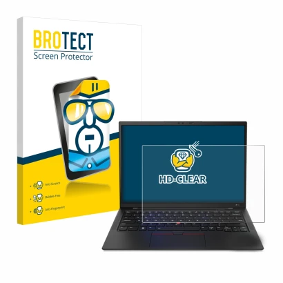 Face avant d’un emballage produit avec le logo de la marque BROTECT. À côté, l’appareil Lenovo ThinkPad X1 Carbon 14" Gen 11 e
