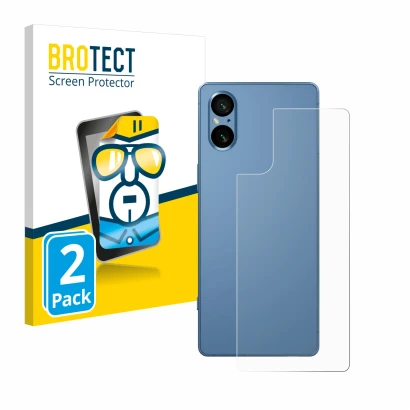 Face avant d’un emballage produit avec le logo de la marque BROTECT. À côté, l’appareil Sony Xperia 5 V (Arrière) est représen