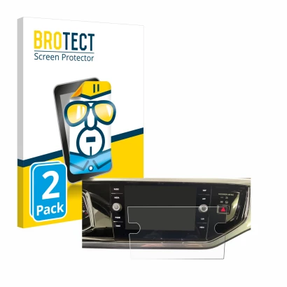 Face avant d’un emballage produit avec le logo de la marque BROTECT. À côté, l’appareil Volkswagen Polo VI Ready 2 Discover 8"