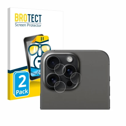 Face avant d’un emballage produit avec le logo de la marque BROTECT. À côté, l’appareil Apple iPhone 15 Pro Max (Caméra UNIQUE