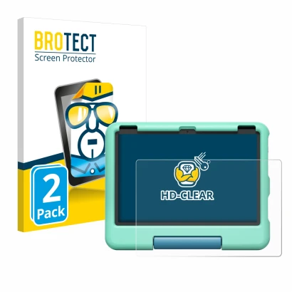 Face avant d’un emballage produit avec le logo de la marque BROTECT. À côté, l’appareil Amazon Fire HD 10 Kids 2023 est représ