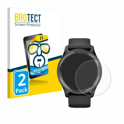 Face avant d’un emballage produit avec le logo de la marque BROTECT. À côté, l’appareil Garmin Vivomove Trend est représenté a