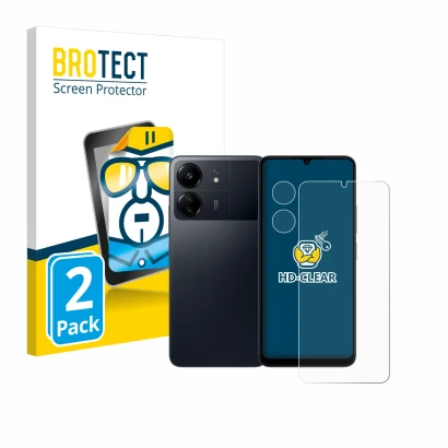 Face avant d’un emballage produit avec le logo de la marque BROTECT. À côté, l’appareil Xiaomi Poco C65 (Avant+Caméra) est rep