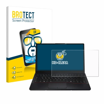 Face avant d’un emballage produit avec le logo de la marque BROTECT. À côté, l’appareil Fujitsu Lifebook E5412 est représenté