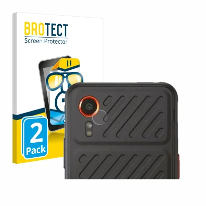 Face avant d’un emballage produit avec le logo de la marque BROTECT. À côté, l’appareil Samsung Galaxy XCover 7 (Caméra UNIQUE