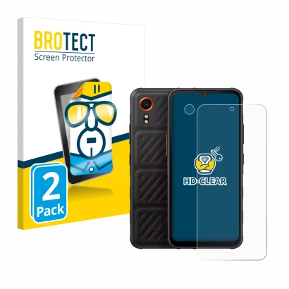 Face avant d’un emballage produit avec le logo de la marque BROTECT. À côté, l’appareil Samsung Galaxy XCover 7 (Avant+Caméra)