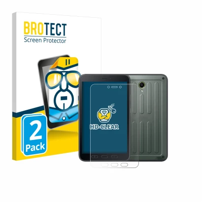 Face avant d’un emballage produit avec le logo de la marque BROTECT. À côté, l’appareil Samsung Galaxy Tab Active 5 (portrait)