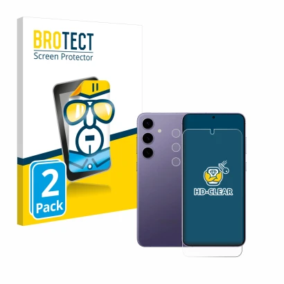 Face avant d’un emballage produit avec le logo de la marque BROTECT. À côté, l’appareil Samsung Galaxy S24 Plus (Avant+Caméra)