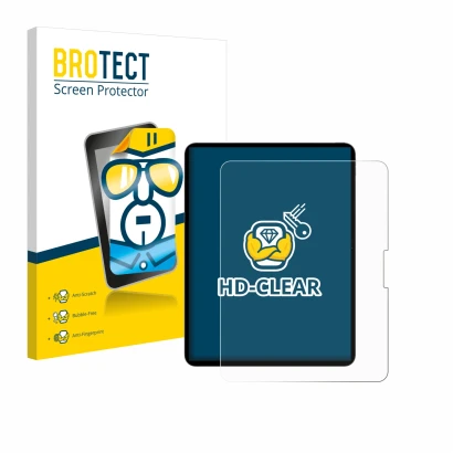 Face avant d’un emballage produit avec le logo de la marque BROTECT. À côté, l’appareil Apple iPad Pro 13" WiFi 2024 est repré