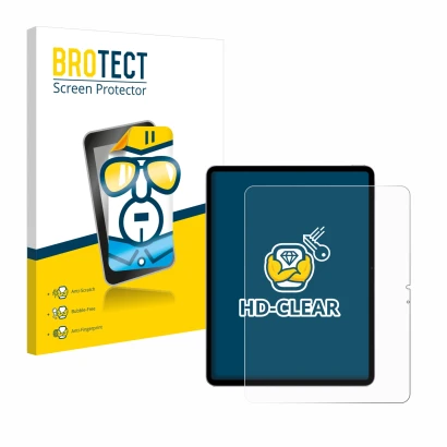 Face avant d’un emballage produit avec le logo de la marque BROTECT. À côté, l’appareil Apple iPad Air 13" M2 WiFi 2024 est re