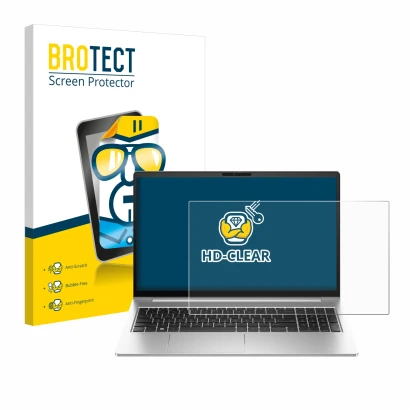 Face avant d’un emballage produit avec le logo de la marque BROTECT. À côté, l’appareil HP EliteBook 640 G10 est représenté av